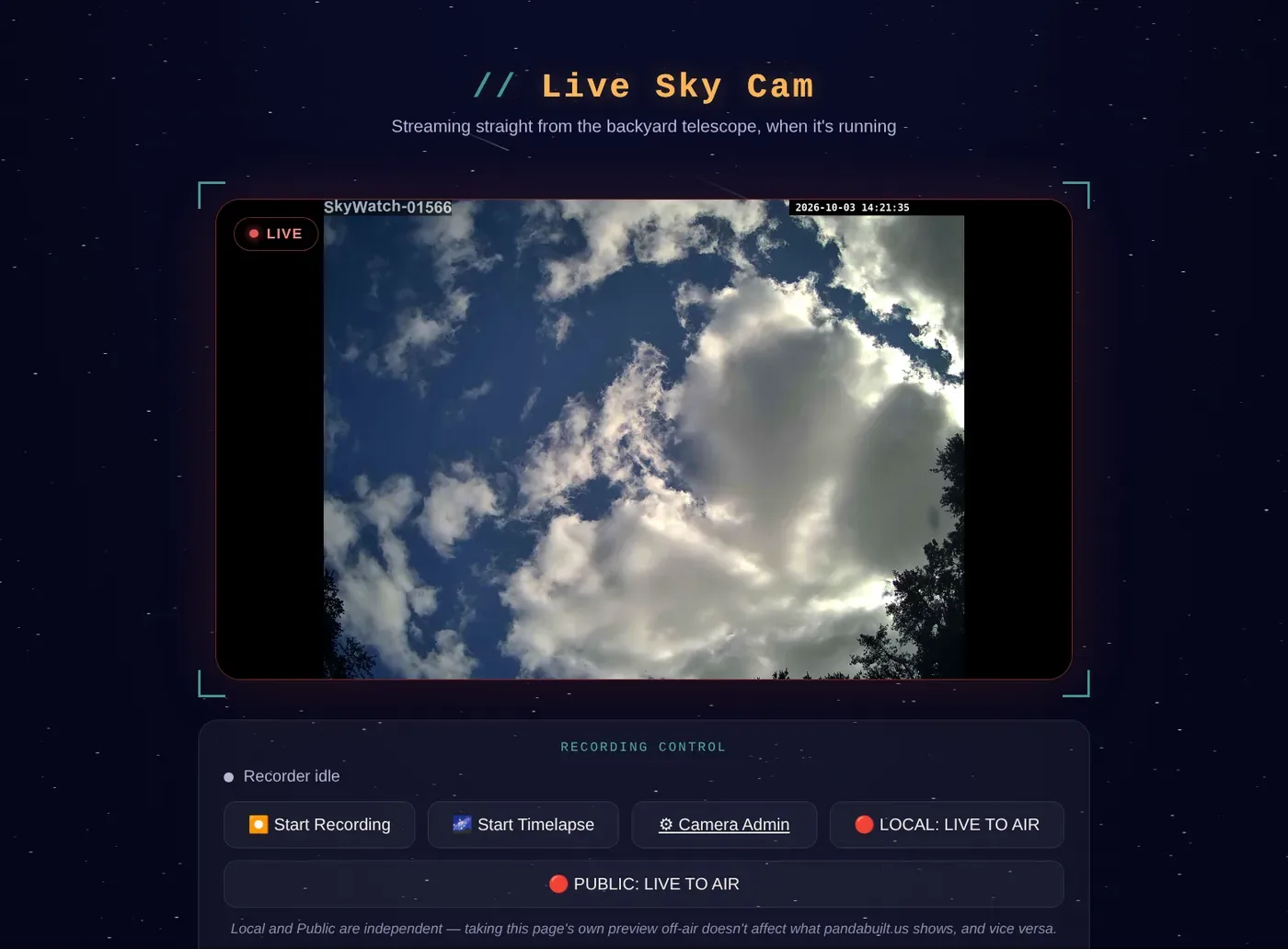 Your private control panel with the live sky cam